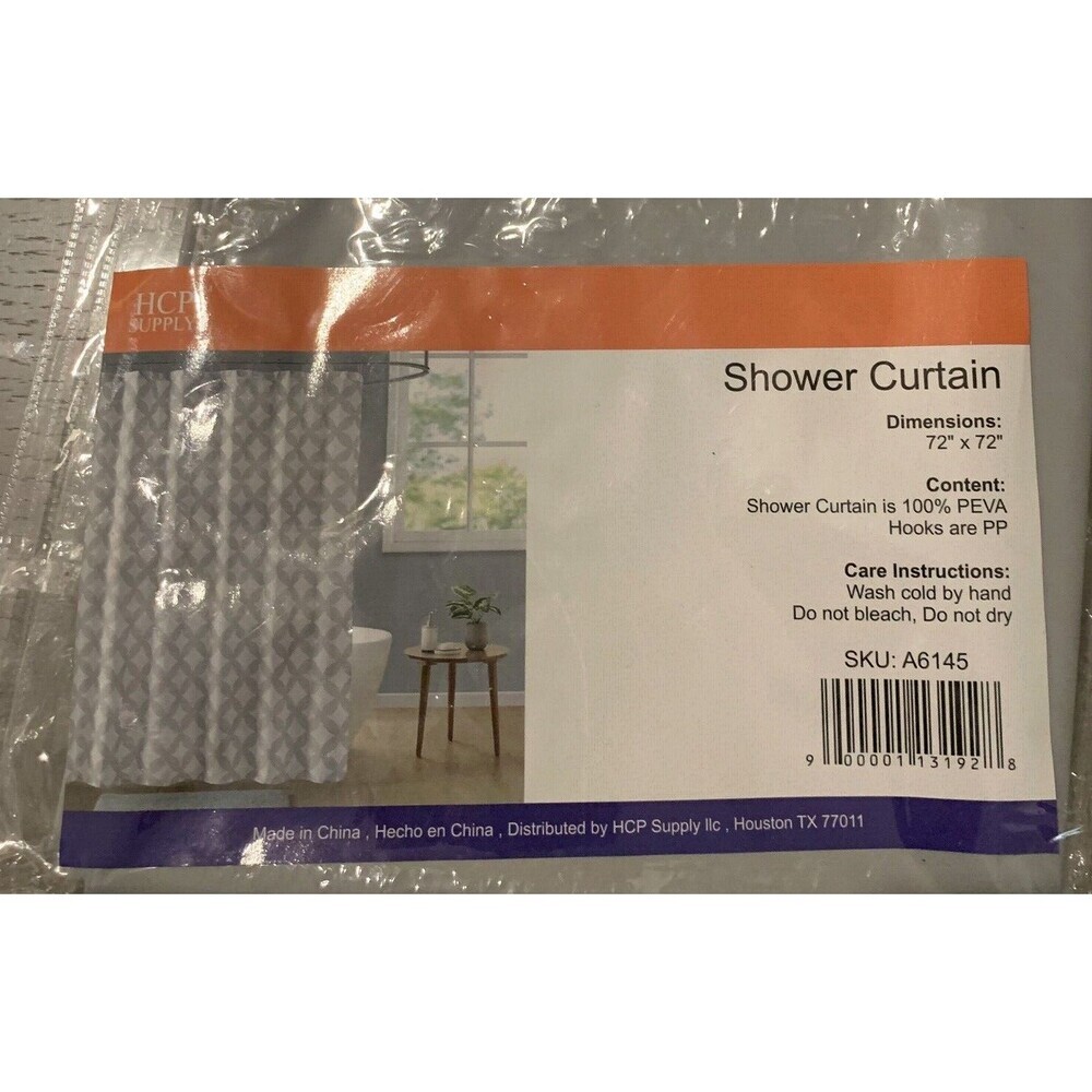 HCP Supply Shower Curtain w/Hooks 72"x72" 100% PEVA Gray New Sealed